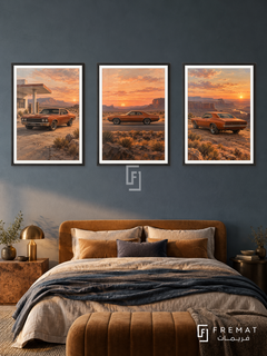 Sunset Muscle — set of three complementary car artworks in Black frames, shown at 50×70 cm each.