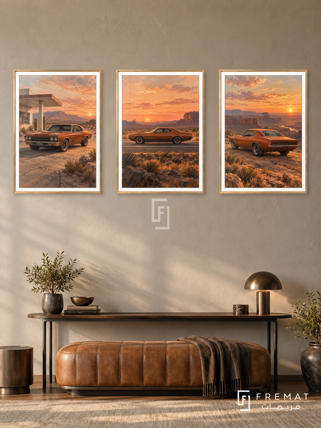 Sunset Muscle — set of three complementary car artworks in Gold frames, shown at 50×70 cm each.