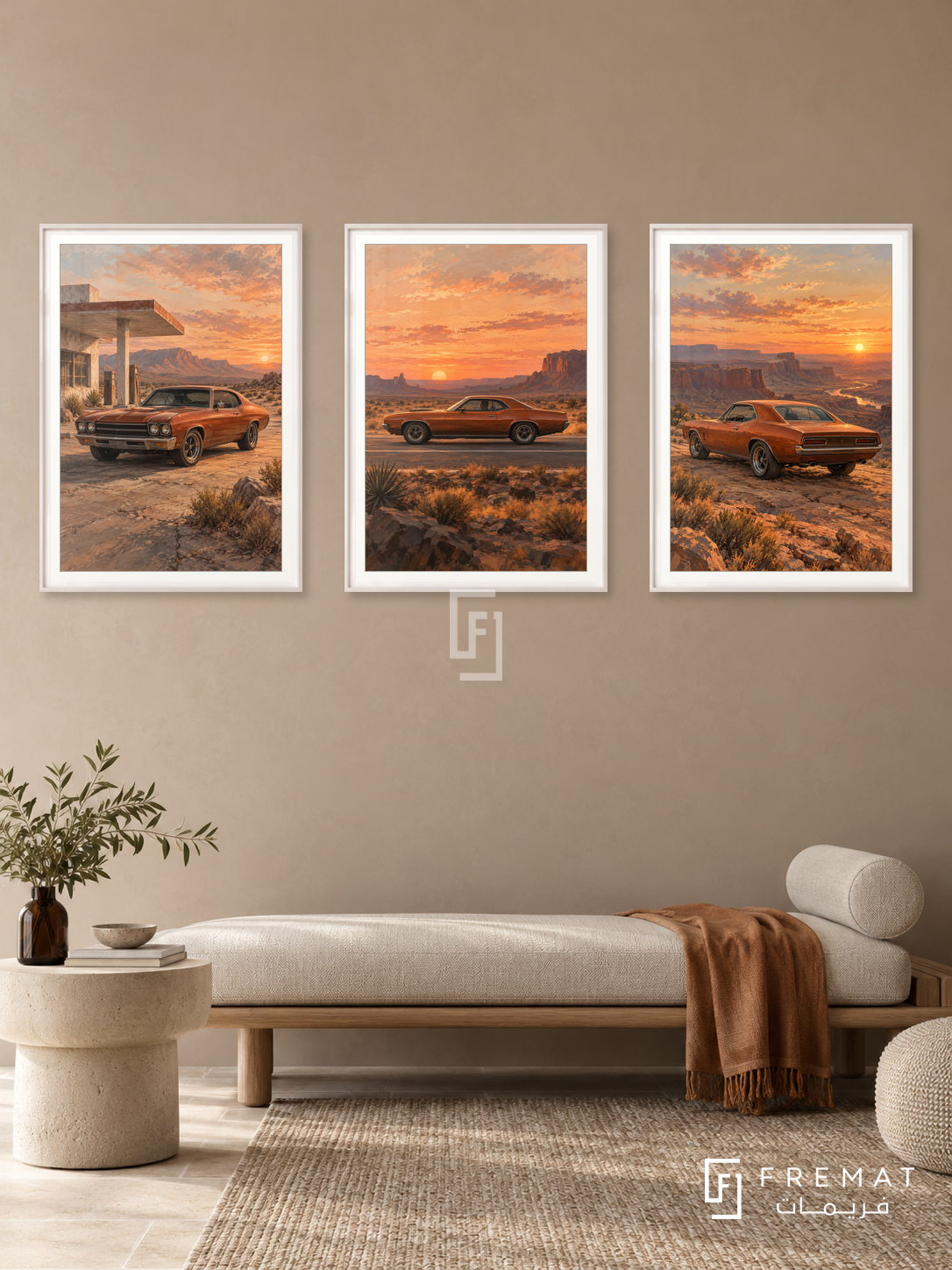 Sunset Muscle — set of three complementary car artworks in White frames, shown at 50×70 cm each.