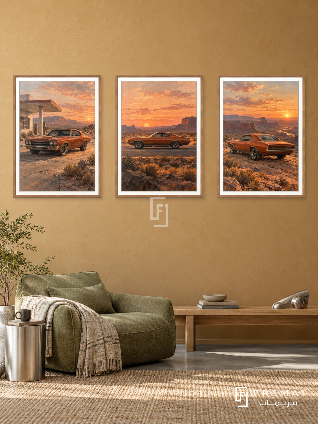 Sunset Muscle — set of three complementary car artworks in Wooden Texture frames, shown at 50×70 cm each.