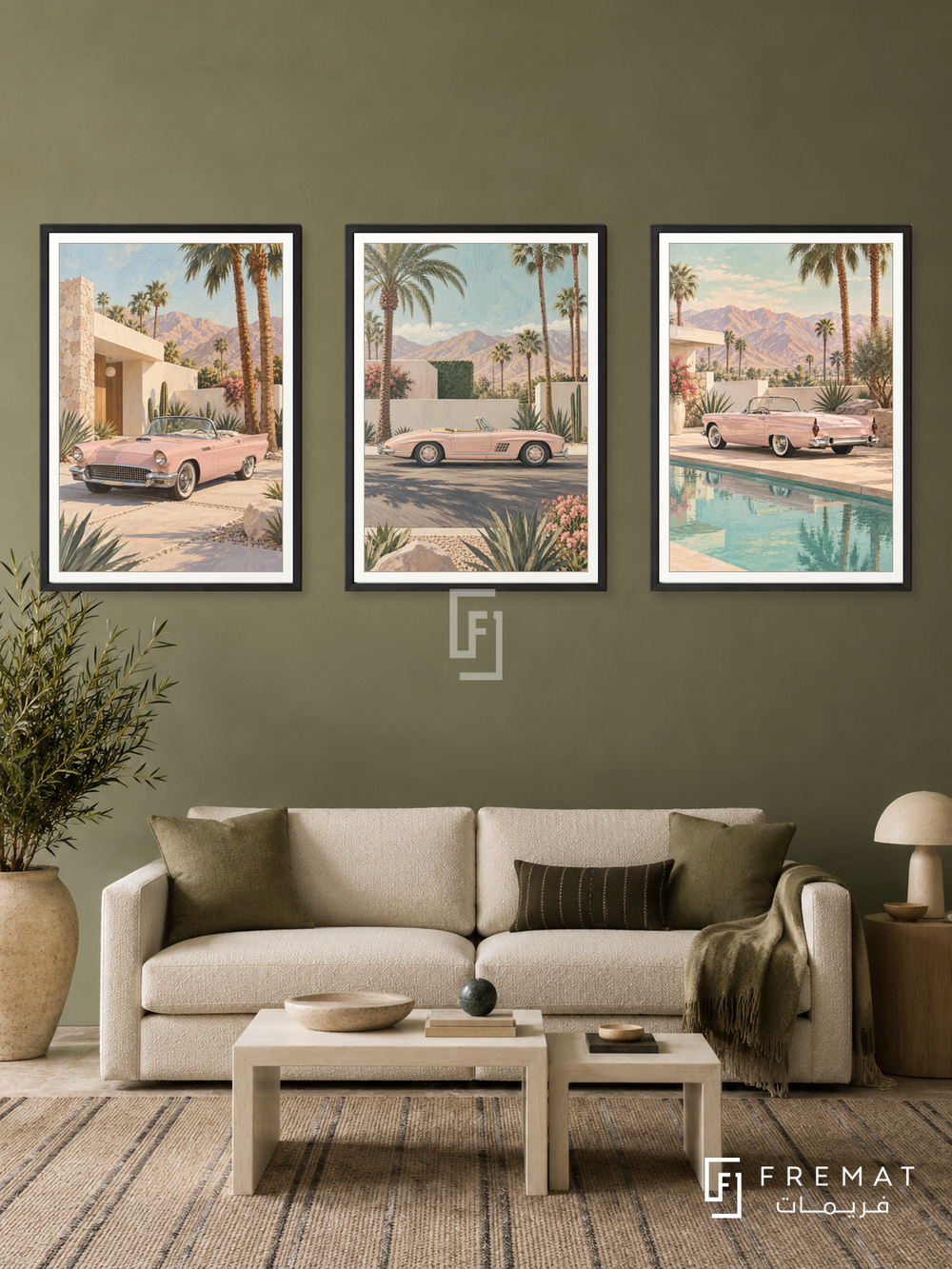 Palm Springs — set of three complementary car artworks in Black frames, shown at 50×70 cm each.