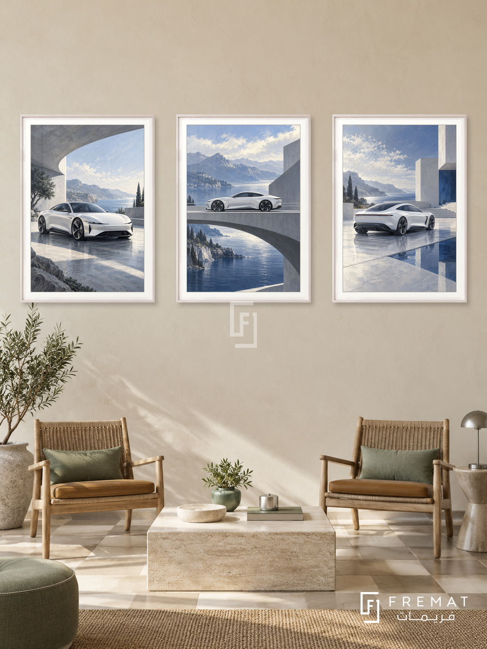 Urban Electric — set of three complementary car artworks in White frames, shown at 50×70 cm each.