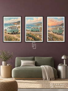 Coastal Van — set of three complementary car artworks in Black frames, shown at 50×70 cm each.