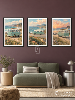 Coastal Van — set of three complementary car artworks in Black frames, shown at 50×70 cm each.