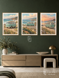 Coastal Van — set of three complementary car artworks in Gold frames, shown at 50×70 cm each.