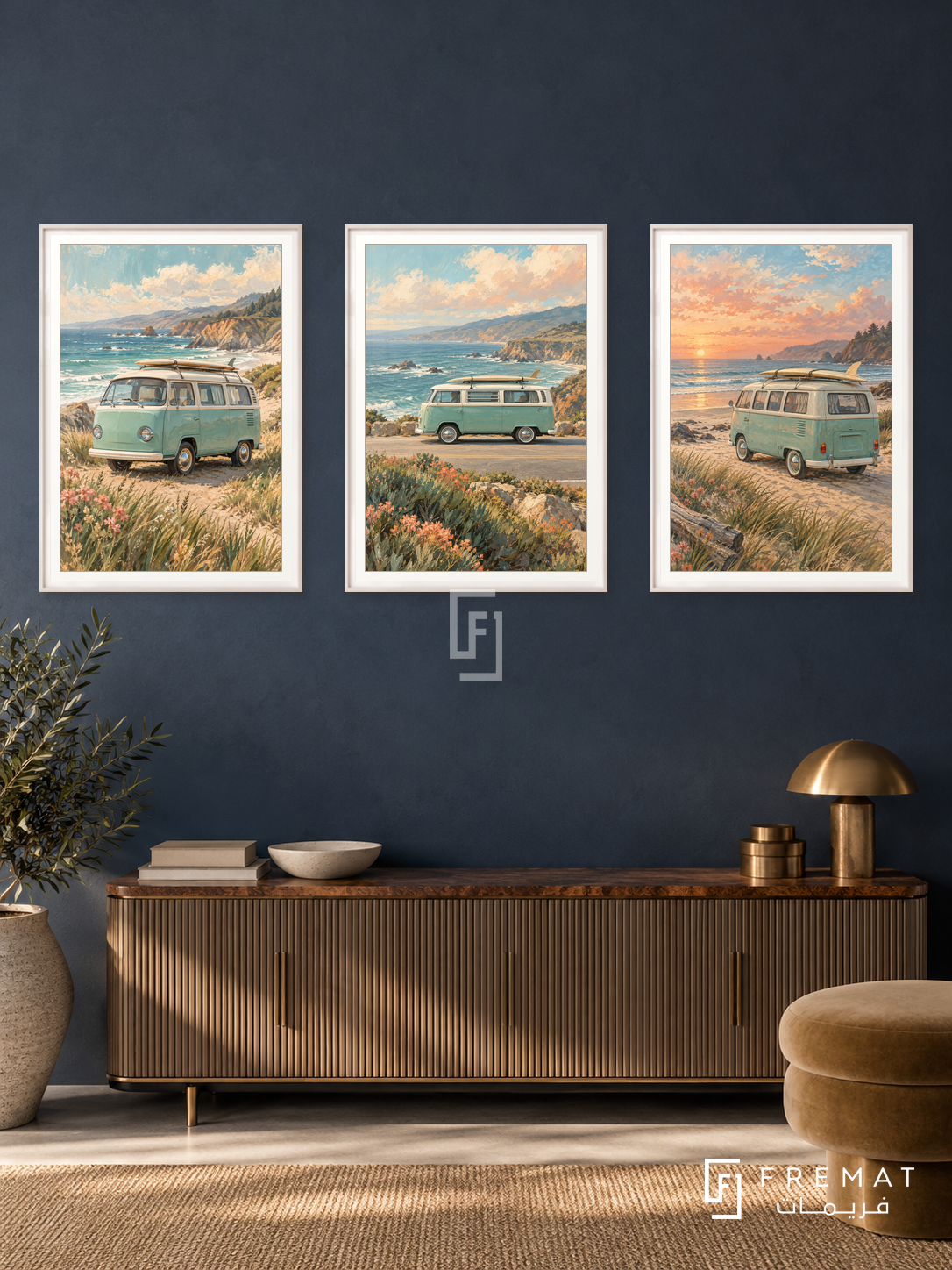 Coastal Van — set of three complementary car artworks in White frames, shown at 50×70 cm each.