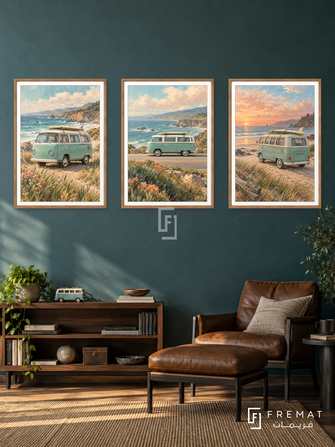 Coastal Van — set of three complementary car artworks in Wooden Texture frames, shown at 50×70 cm each.