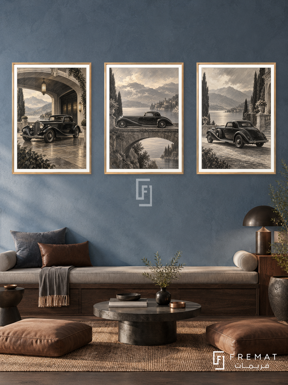 Monochrome Heritage — set of three complementary car artworks in Gold frames, shown at 50×70 cm each.
