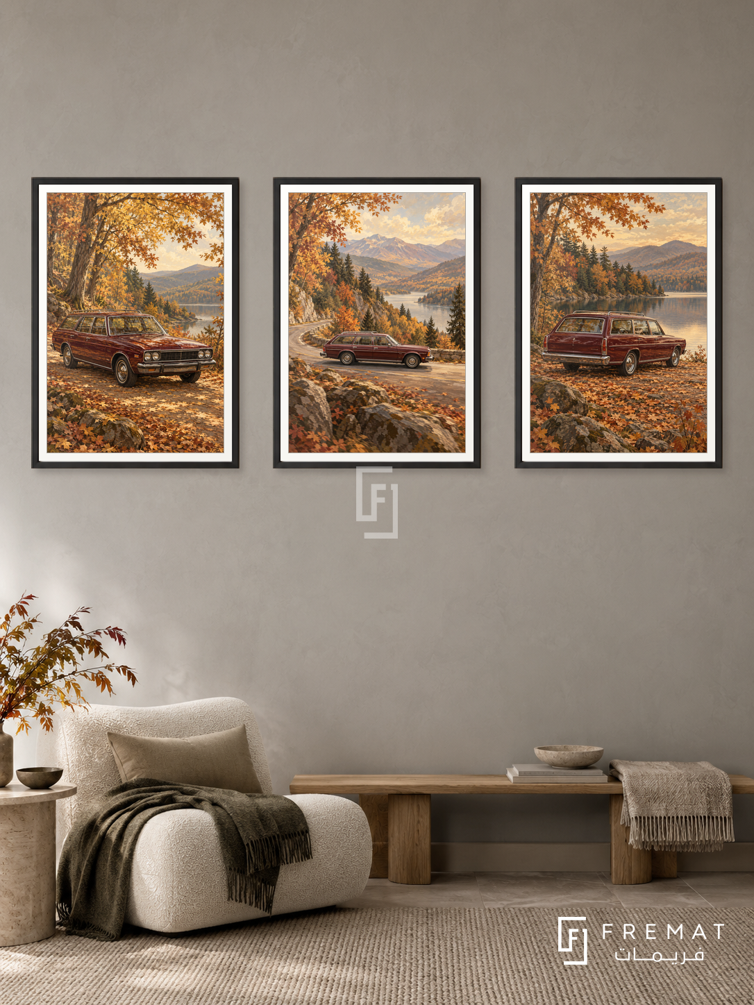 Autumn Wagon — set of three complementary car artworks in Black frames, shown at 50×70 cm each.