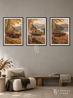 Autumn Wagon — set of three complementary car artworks in Black frames, shown at 50×70 cm each.
