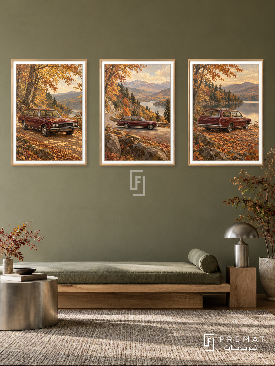 Autumn Wagon — set of three complementary car artworks in Gold frames, shown at 50×70 cm each.