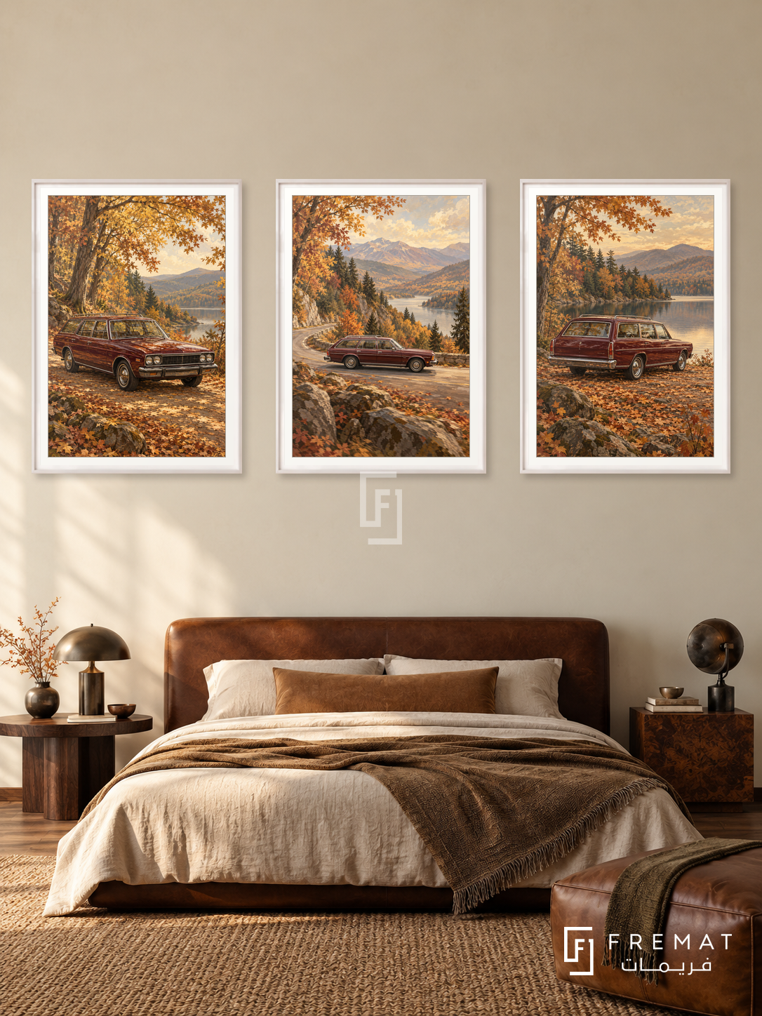 Autumn Wagon — set of three complementary car artworks in White frames, shown at 50×70 cm each.