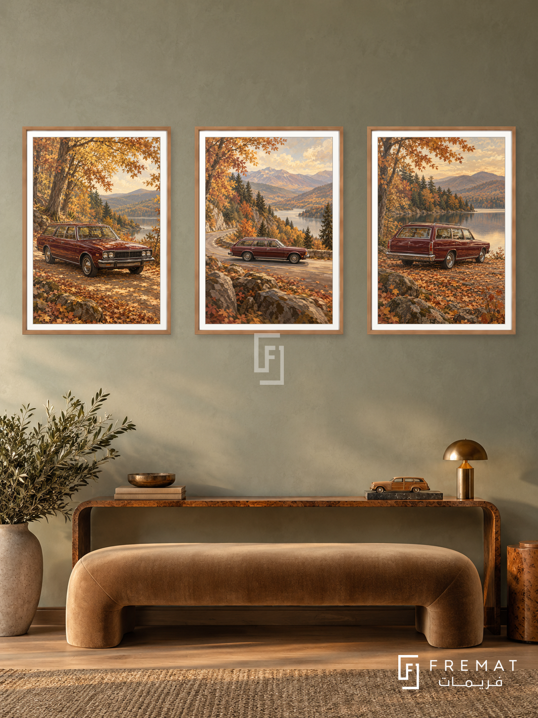 Autumn Wagon — set of three complementary car artworks in Wooden Texture frames, shown at 50×70 cm each.