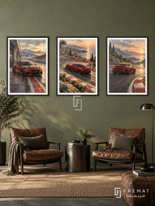 Track Day — set of three complementary car artworks in Black frames, shown at 50×70 cm each.