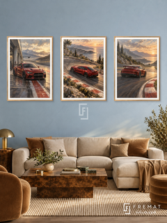Track Day — set of three complementary car artworks in Gold frames, shown at 50×70 cm each.