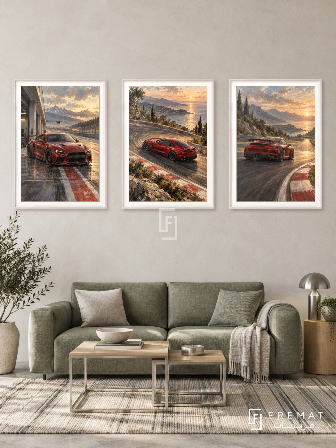Track Day — set of three complementary car artworks in White frames, shown at 50×70 cm each.