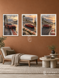 Track Day — set of three complementary car artworks in Wooden Texture frames, shown at 50×70 cm each.