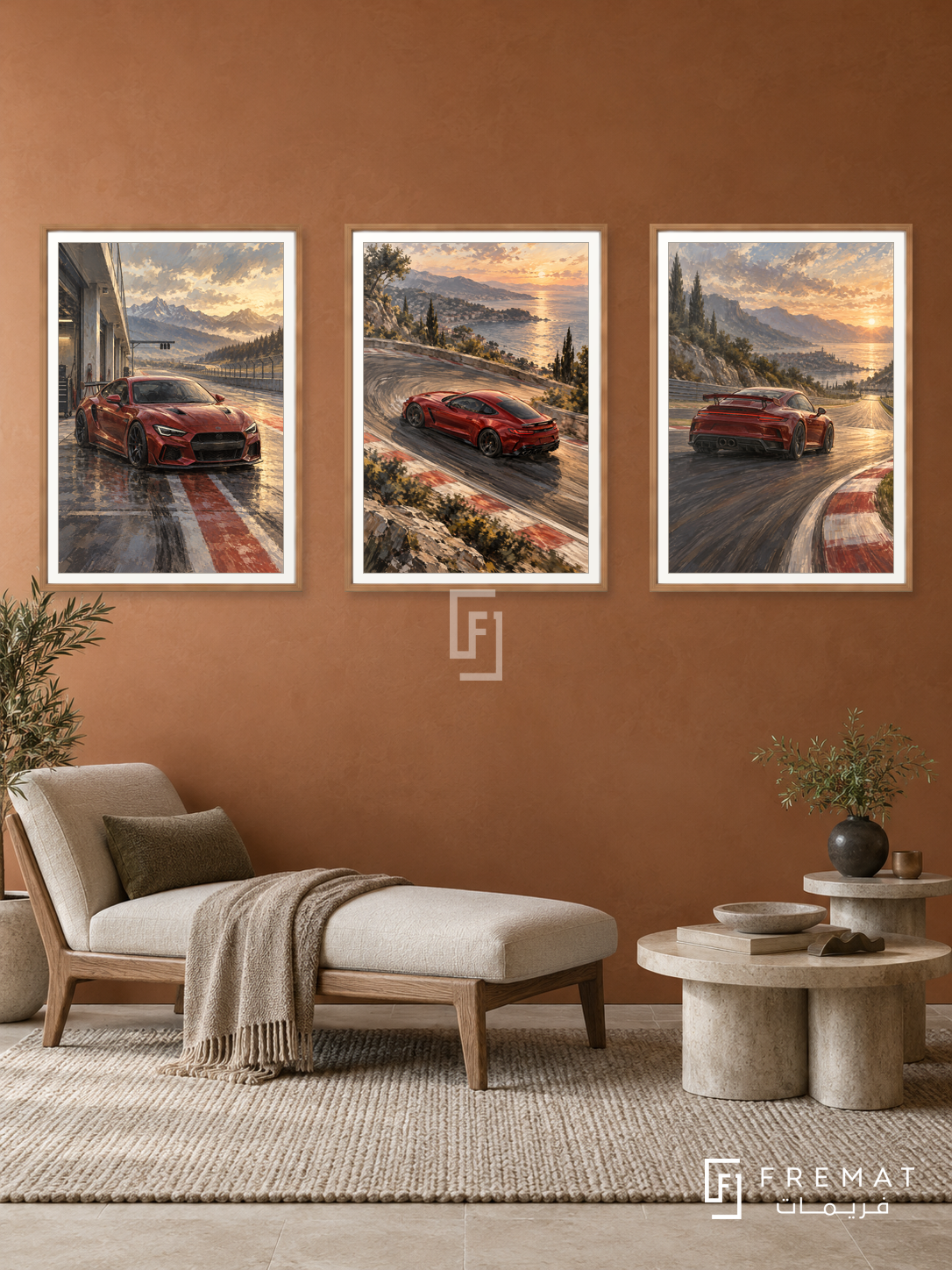 Track Day — set of three complementary car artworks in Wooden Texture frames, shown at 50×70 cm each.