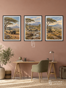 Safari Explorer — set of three complementary car artworks in Black frames, shown at 50×70 cm each.