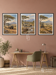 Safari Explorer — set of three complementary car artworks in Black frames, shown at 50×70 cm each.