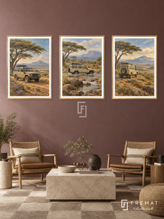 Safari Explorer — set of three complementary car artworks in Gold frames, shown at 50×70 cm each.