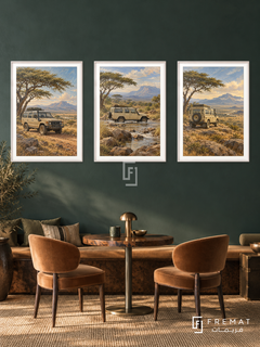 Safari Explorer — set of three complementary car artworks in White frames, shown at 50×70 cm each.