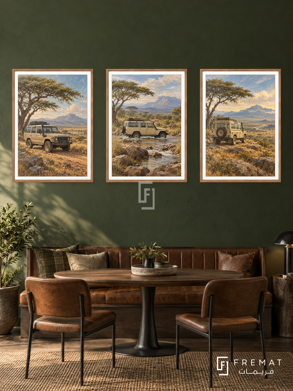 Safari Explorer — set of three complementary car artworks in Wooden Texture frames, shown at 50×70 cm each.