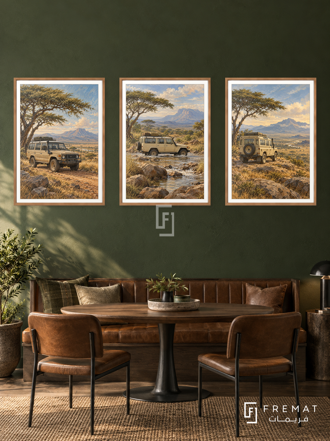Safari Explorer — set of three complementary car artworks in Wooden Texture frames, shown at 50×70 cm each.