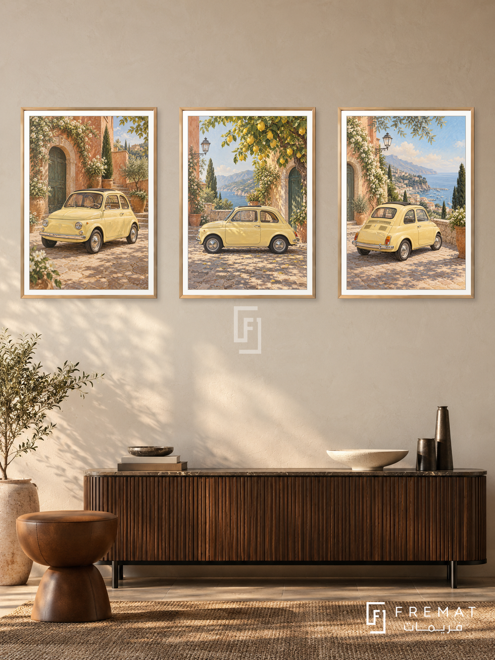 Italian Summer — set of three complementary car artworks in Gold frames, shown at 50×70 cm each.