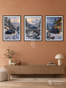 Winter Drive — set of three complementary car artworks in Black frames, shown at 50×70 cm each.