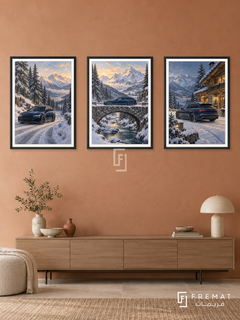 Winter Drive — set of three complementary car artworks in Black frames, shown at 50×70 cm each.
