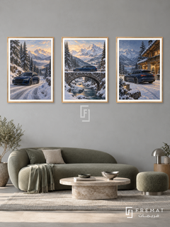 Winter Drive — set of three complementary car artworks in Gold frames, shown at 50×70 cm each.