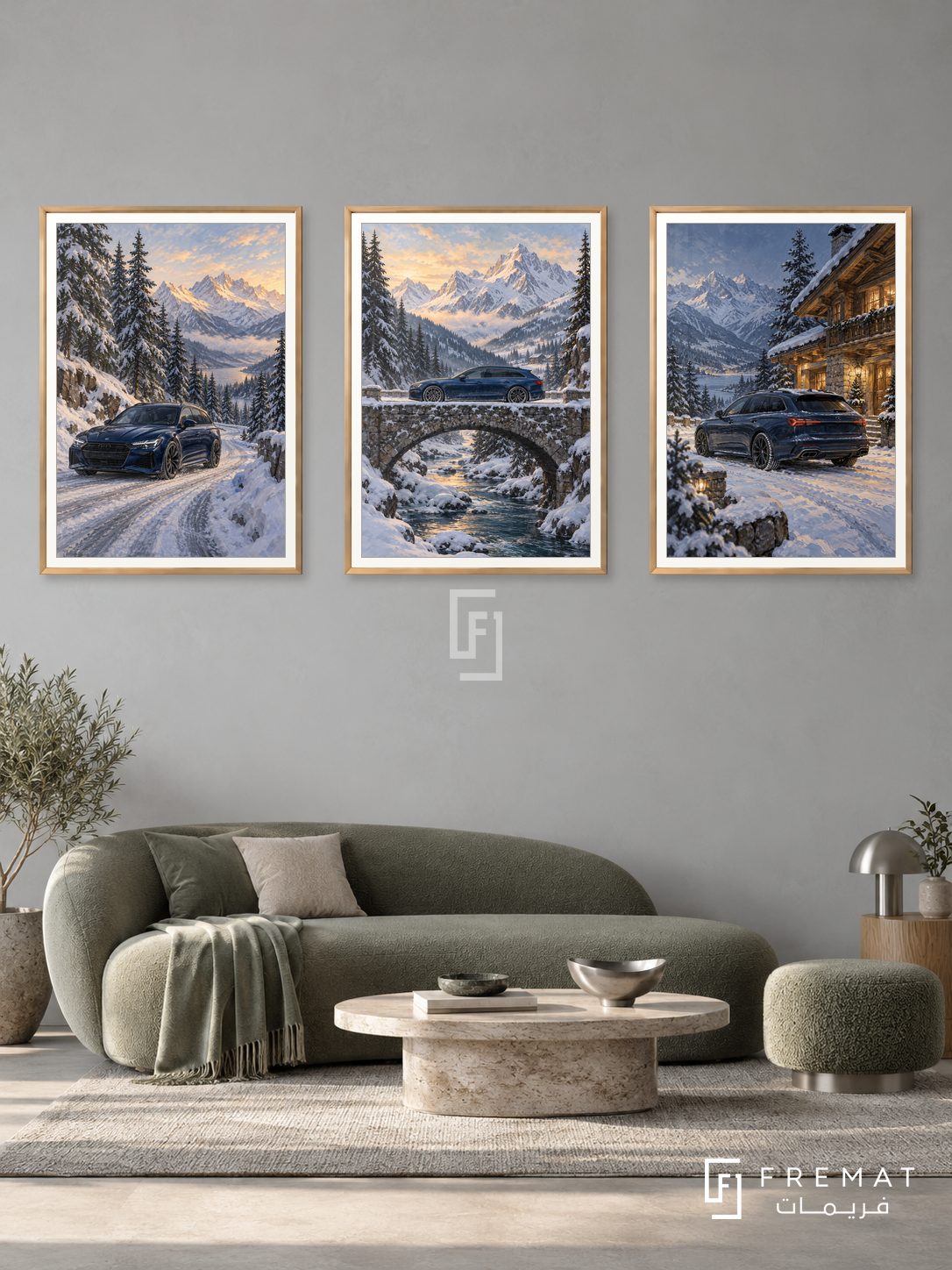 Winter Drive — set of three complementary car artworks in Gold frames, shown at 50×70 cm each.