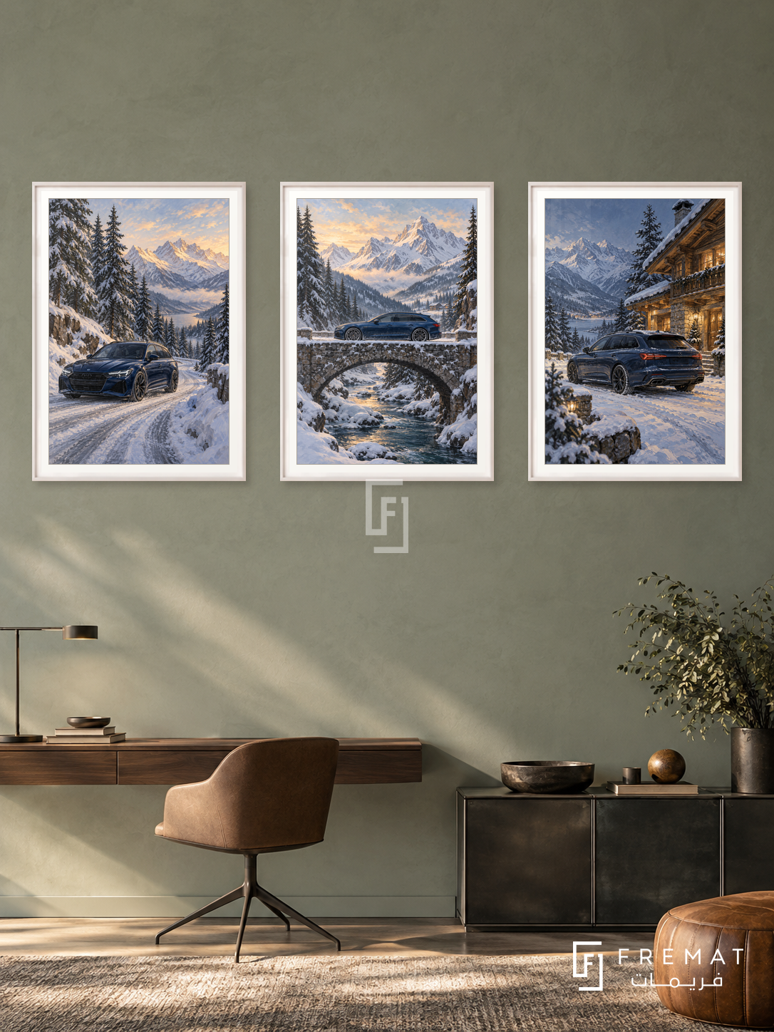 Winter Drive — set of three complementary car artworks in White frames, shown at 50×70 cm each.