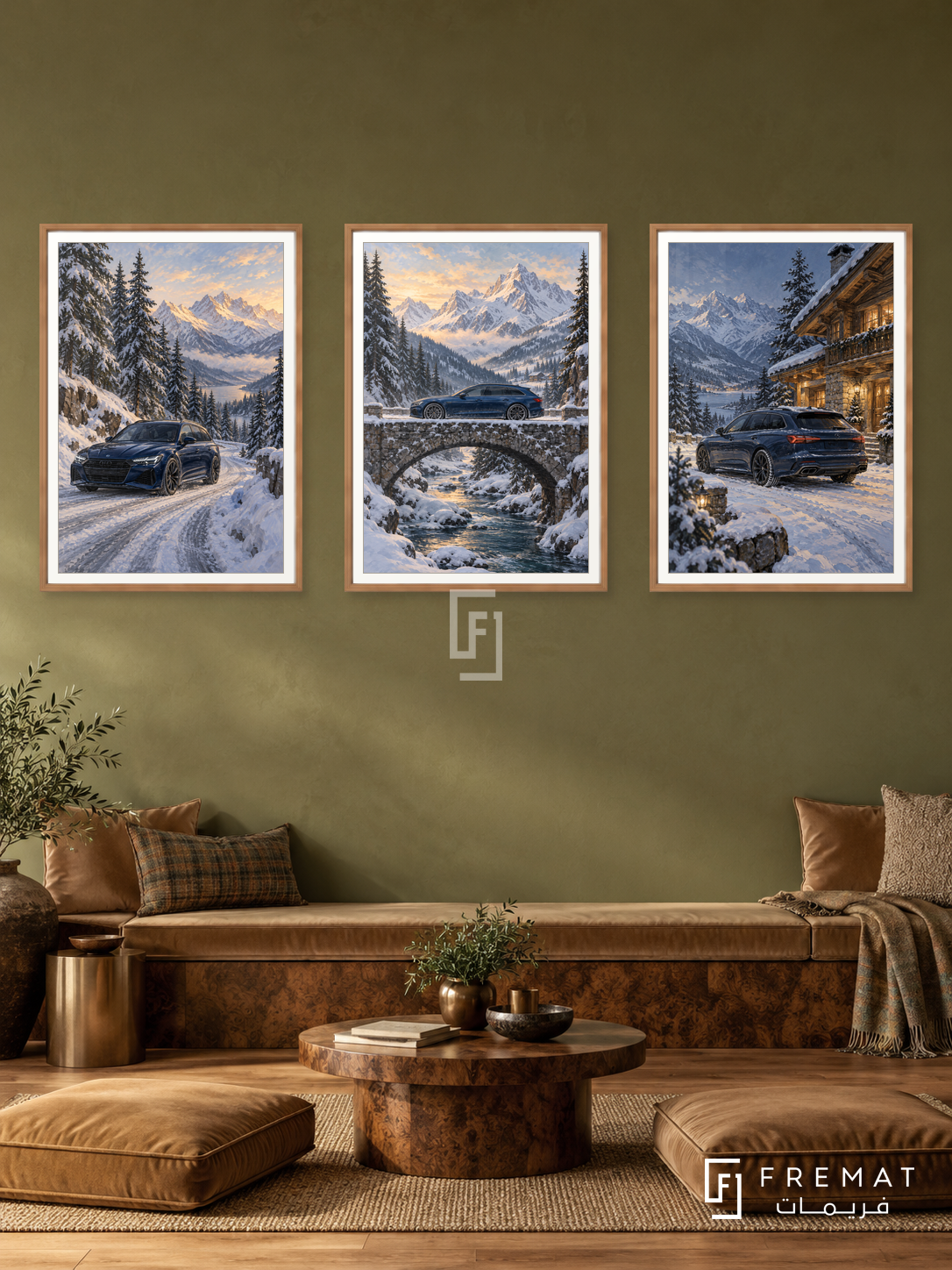 Winter Drive — set of three complementary car artworks in Wooden Texture frames, shown at 50×70 cm each.