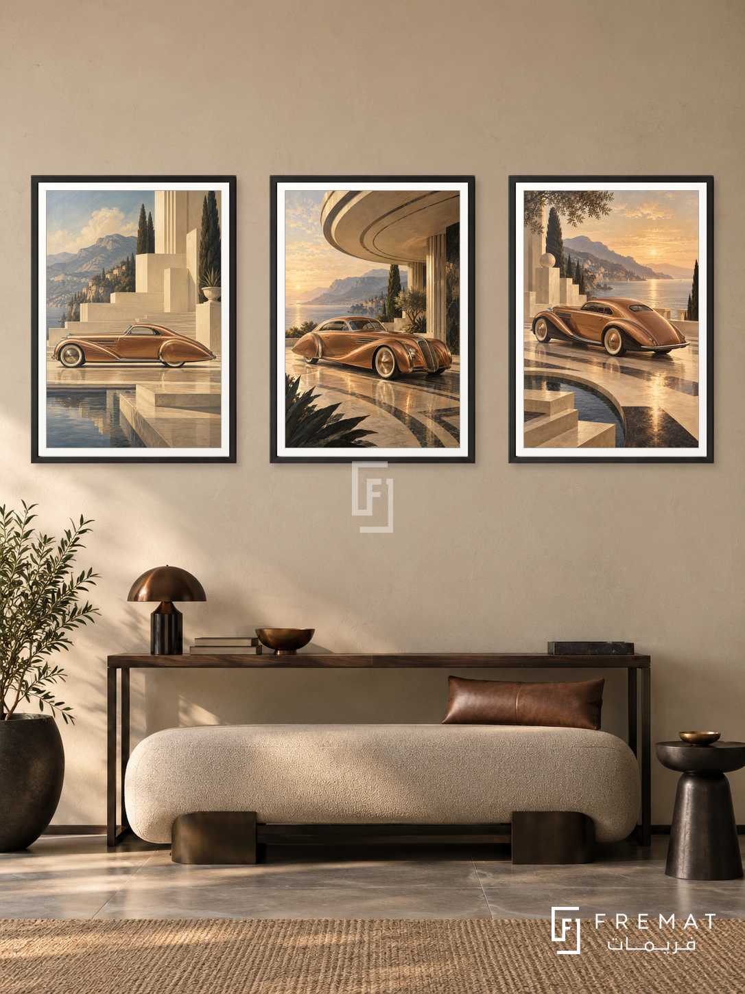 Copper Streamline — set of three complementary car artworks in Black frames, shown at 50×70 cm each.