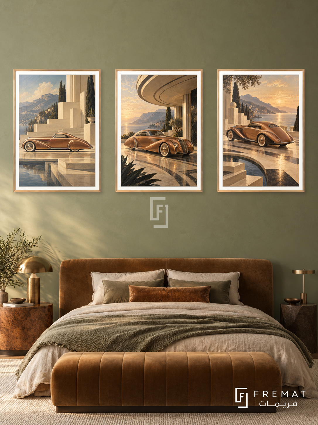 Copper Streamline — set of three complementary car artworks in Gold frames, shown at 50×70 cm each.