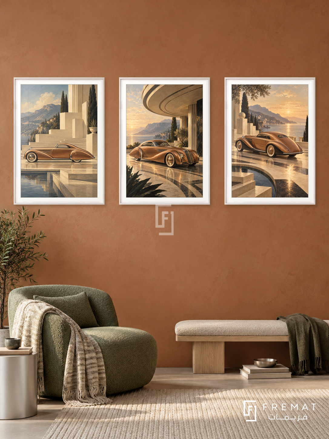 Copper Streamline — set of three complementary car artworks in White frames, shown at 50×70 cm each.
