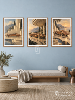 Copper Streamline — set of three complementary car artworks in Wooden Texture frames, shown at 50×70 cm each.