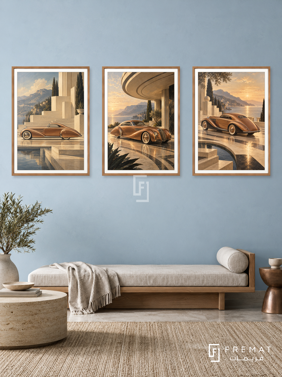 Copper Streamline — set of three complementary car artworks in Wooden Texture frames, shown at 50×70 cm each.