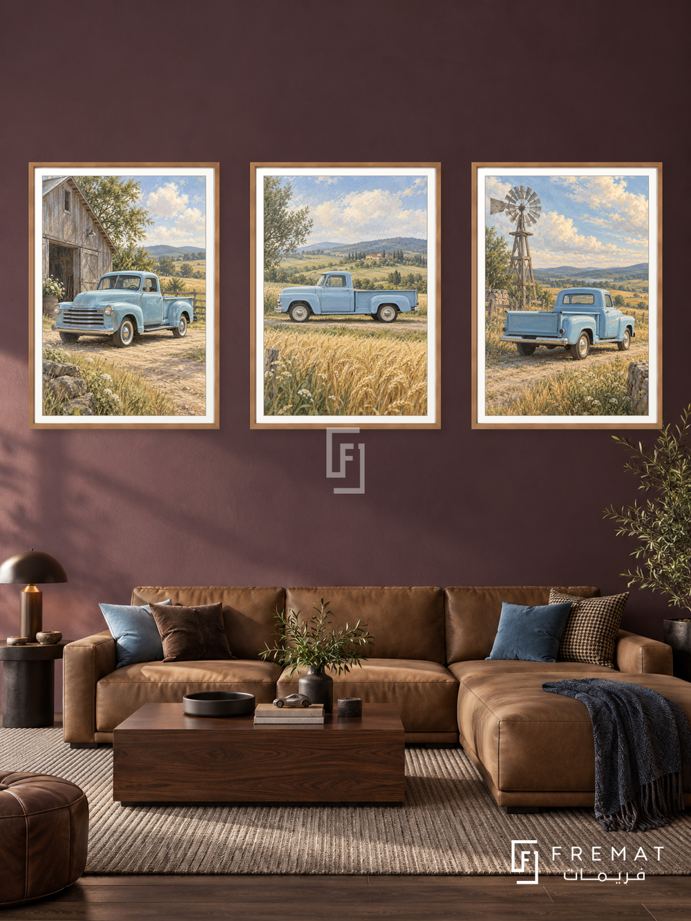Sky Blue Classic — set of three complementary car artworks in Wooden Texture frames, shown at 50×70 cm each.