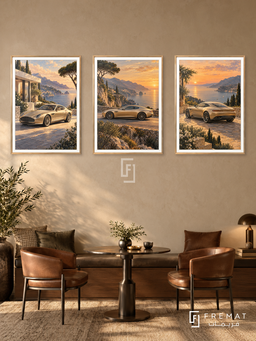 Golden Hour Gt — set of three complementary car artworks in Gold frames, shown at 50×70 cm each.