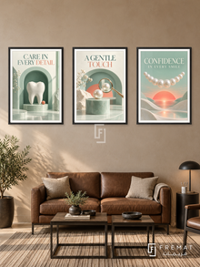 Dentistry — set of three complementary commercial artworks in Black frames, shown at 50×70 cm each.