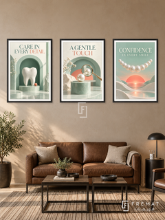 Dentistry — set of three complementary commercial artworks in Black frames, shown at 50×70 cm each.