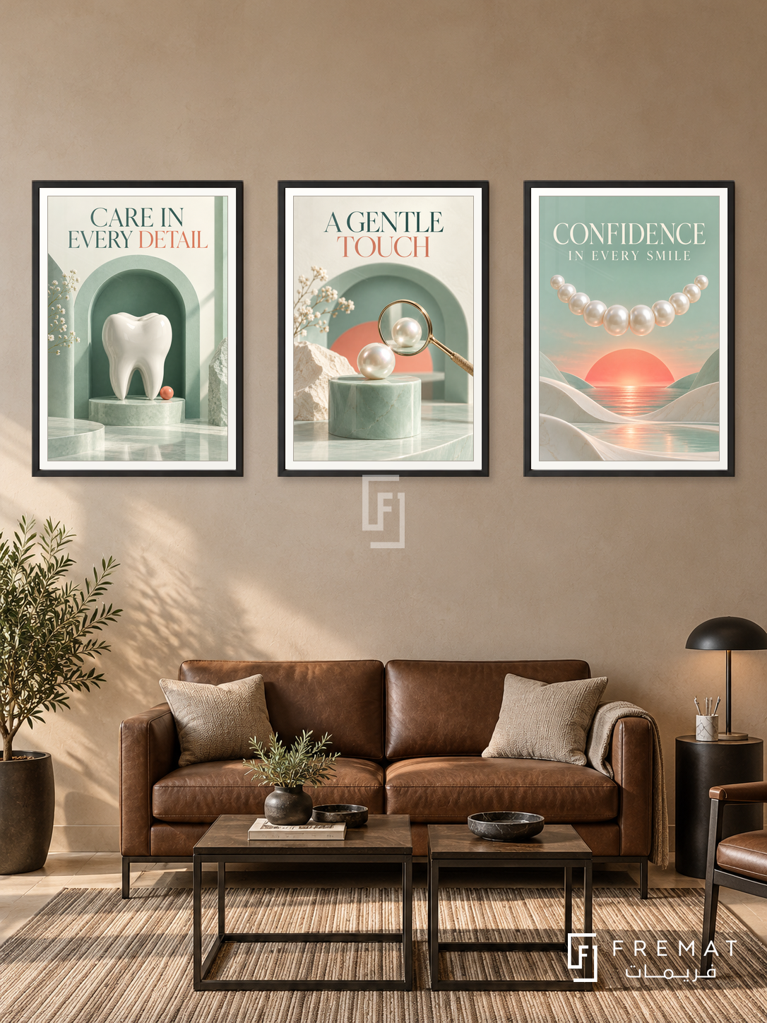 Dentistry — set of three complementary commercial artworks in Black frames, shown at 50×70 cm each.
