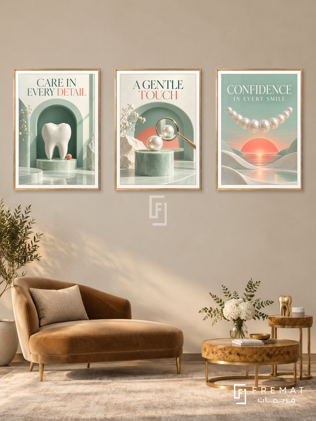 Dentistry — set of three complementary commercial artworks in Gold frames, shown at 50×70 cm each.