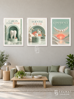 Dentistry — set of three complementary commercial artworks in White frames, shown at 50×70 cm each.