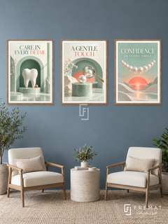 Dentistry — set of three complementary commercial artworks in Wooden Texture frames, shown at 50×70 cm each.