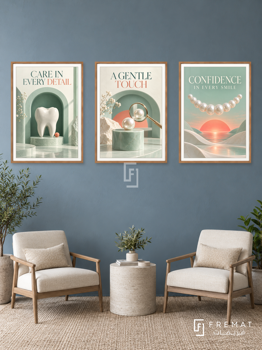 Dentistry — set of three complementary commercial artworks in Wooden Texture frames, shown at 50×70 cm each.