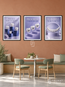 Orthodontics — set of three complementary commercial artworks in Black frames, shown at 50×70 cm each.